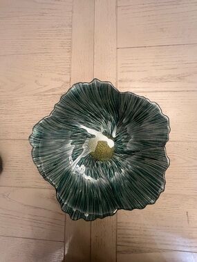 Decorative Teal Glass Floral Bowl - Home Art